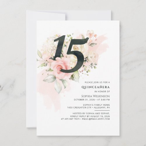 Floral 15th Birthday Greenery Pink Quinceanera Invitation