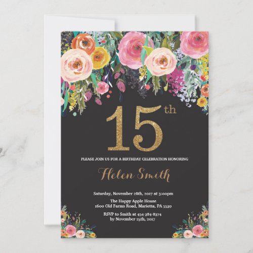 Floral 15th Birthday Invitation Gold Glitter