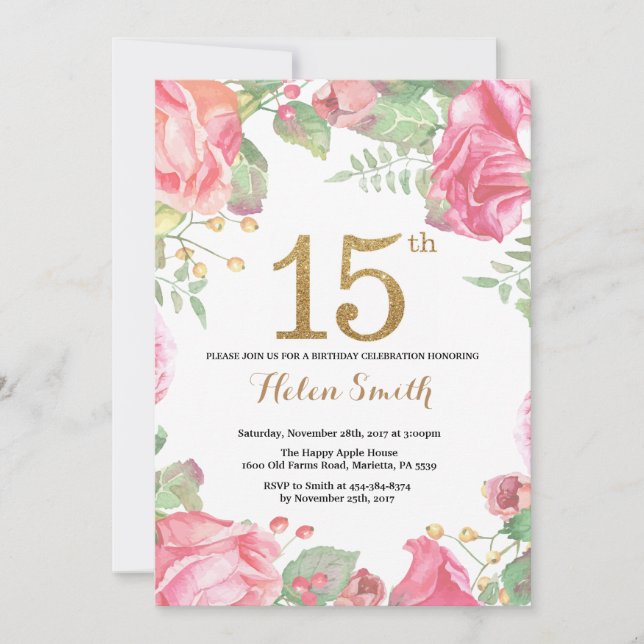 Floral 15th Birthday Invitation Gold Glitter (Front)