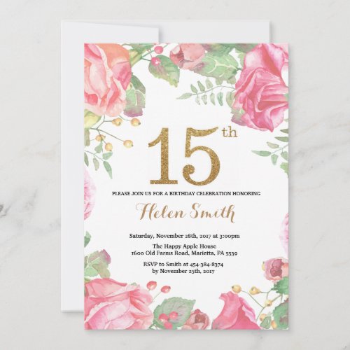 Floral 15th Birthday Invitation Gold Glitter