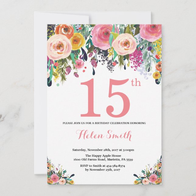 Floral 15th Birthday Invitation Pink (Front)