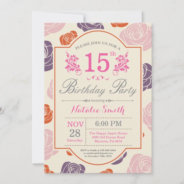Floral 15th Birthday Invitation Pink Roses (Front)