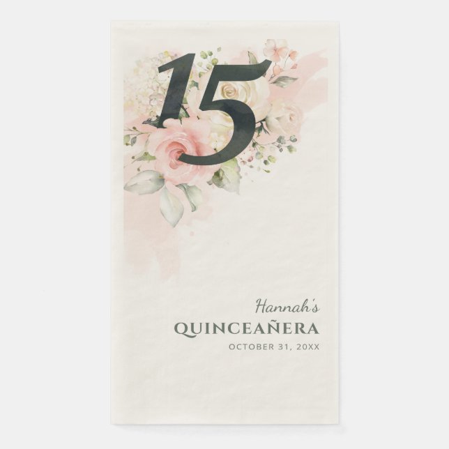 Floral 15th Birthday Party Quinceanera Pink Paper Guest Towels (Front)