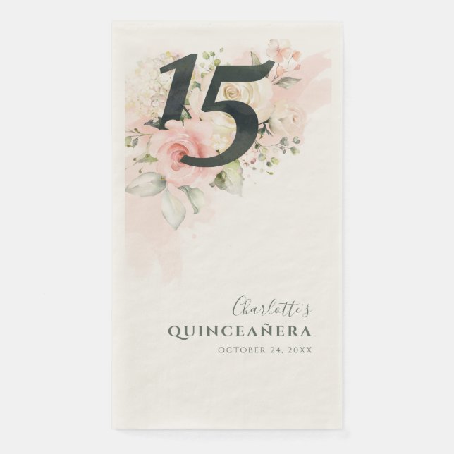 Floral 15th Birthday Quinceanera Botanical Party Paper Guest Towels (Front)