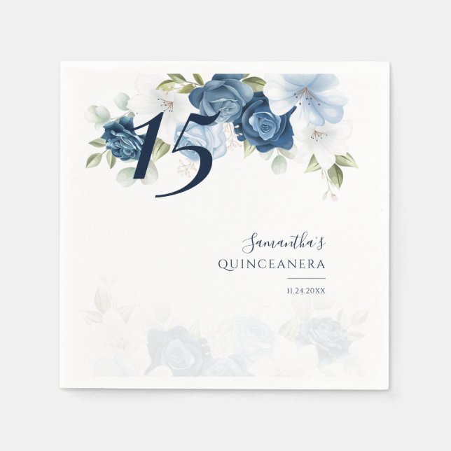 Floral 15th Birthday Quinceanera Dusty Blue Paper Napkins (Front)