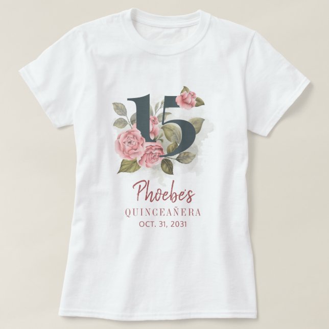 Floral 15th Birthday Quinceanera Matching Party T-Shirt (Design Front)