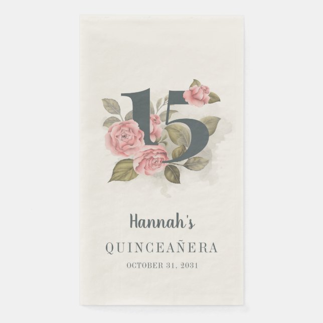 Floral 15th Birthday Quinceanera Paper Guest Towels (Front)
