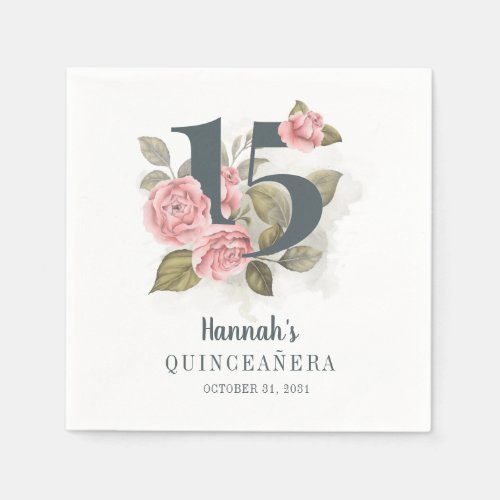 Floral 15th Birthday Quinceanera Paper Napkins