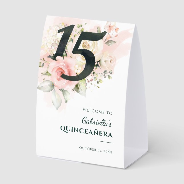 Floral 15th Birthday Quinceanera Party Paper Table Tent (Front)