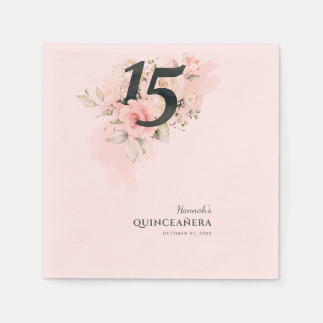 Floral 15th Birthday Quinceanera Pink Party Paper Napkins (Front)