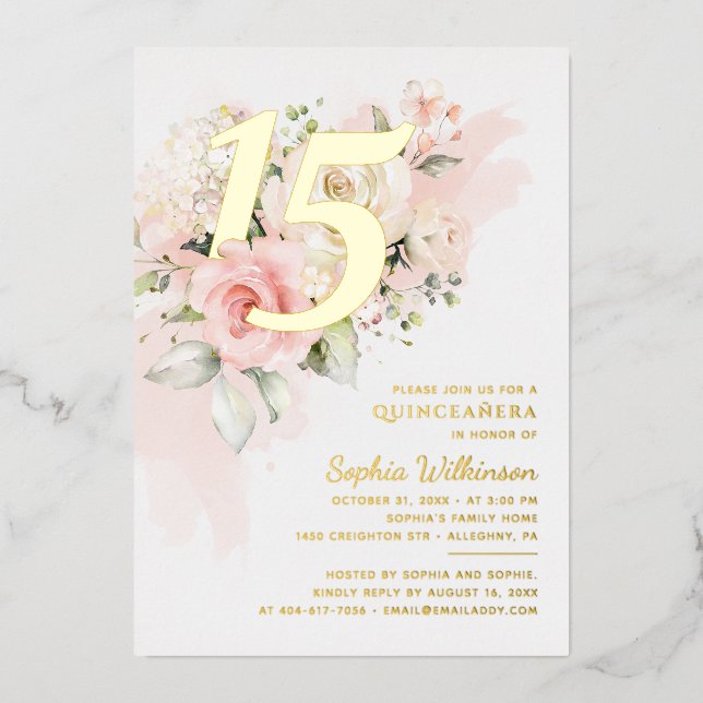 Floral 15th Birthday Quinceanera Script Gold Foil Invitation (Front)