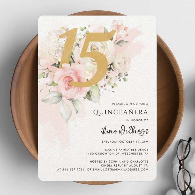 Floral 15th Birthday Quinceanera Watercolor Invitation (Quinceanera 15th Birthday Party Floral Invitation)