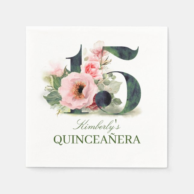 Floral 15th Quinceanera Birthday Napkins (Front)