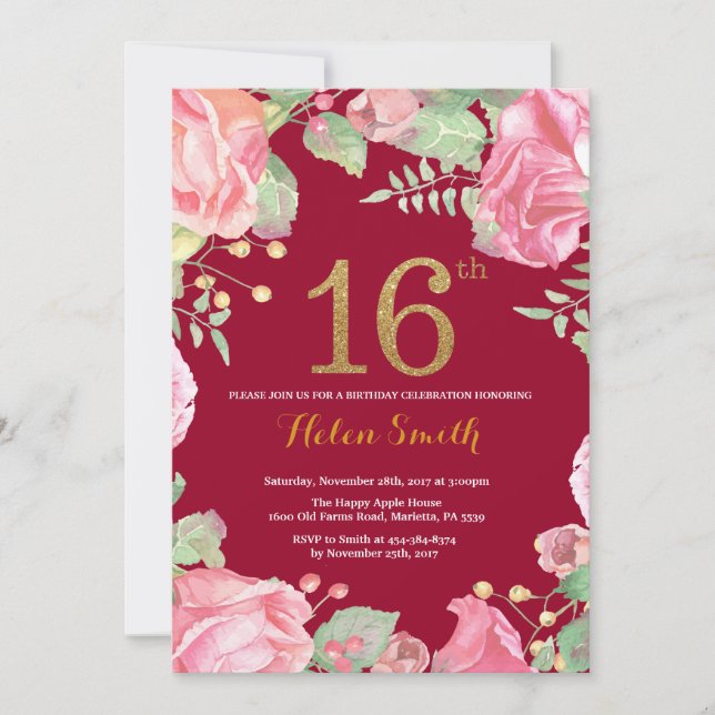Floral 16th Birthday Gold Glitter Burgundy Red Invitation (Front)