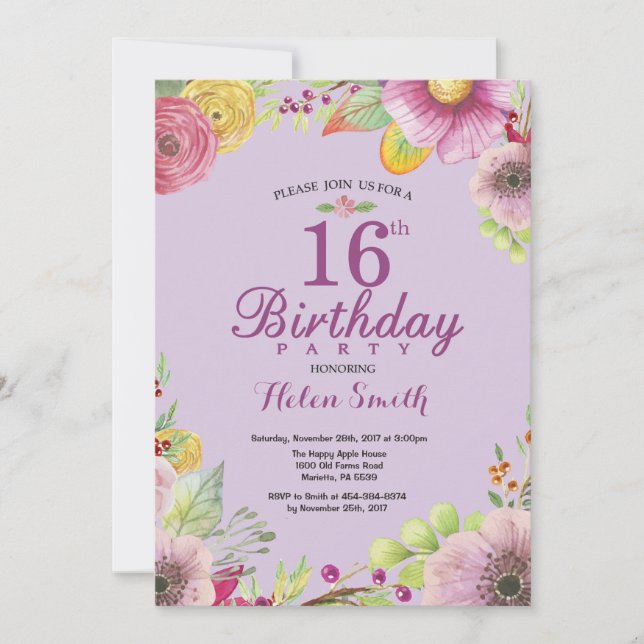 Floral 16th Birthday Invitation for Women Purple (Front)
