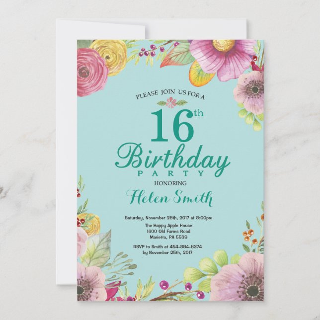 Floral 16th Birthday Invitation for Women Teal (Front)