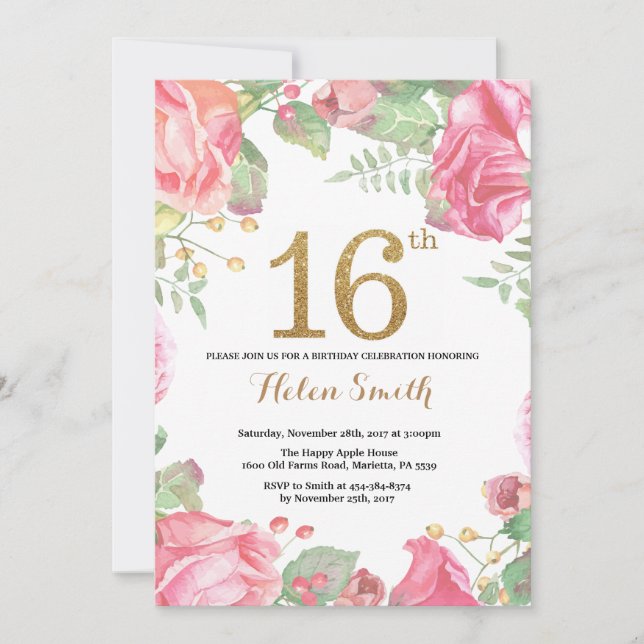 Floral 16th Birthday Invitation Gold Glitter (Front)