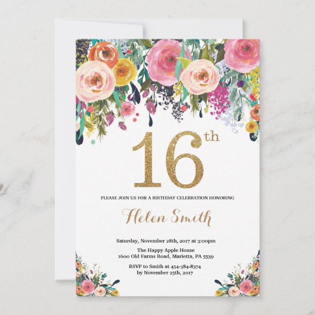 Floral 16th Birthday Invitation Gold Glitter (Front)