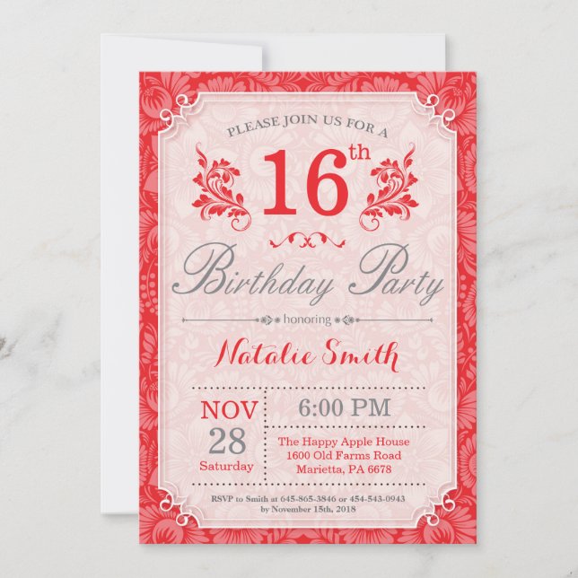 Floral 16th Birthday Invitation Red for Women (Front)