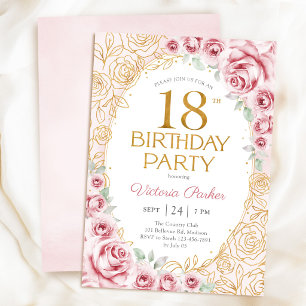 Floral 18th Birthday Blush Pink Gold Invitation