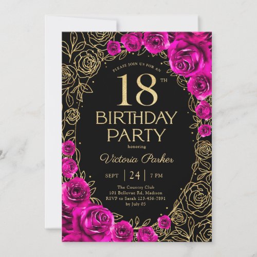 Floral 18th Birthday Fuchsia Pink Black & Gold Invitation