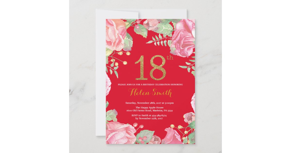 Floral 18th Birthday Gold Glitter Red Invitation | Zazzle