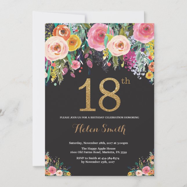 Floral 18th Birthday Invitation Gold Glitter (Front)