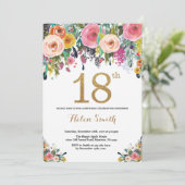 Floral 18th Birthday Invitation Gold Glitter (Standing Front)