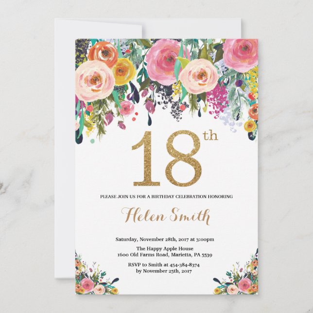 Floral 18th Birthday Invitation Gold Glitter (Front)