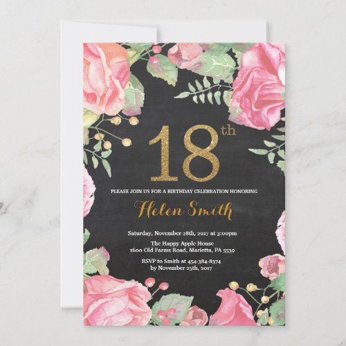Floral 18th Birthday Invitation Gold Glitter