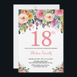 Floral 18th Birthday Invitation Pink<br><div class="desc">Floral 18th Birthday Invitation for Women. Watercolor Floral Flower. Pink,  Yellow,  Orange,  Purple Flower. Adult Birthday. 30th 40th 50th 60th 70th 80th 90th 100th 13th 15th 16th 18th 20th 21st Any Age. For further customization,  please click the "Customize it" button and use our design tool to modify this template.</div>