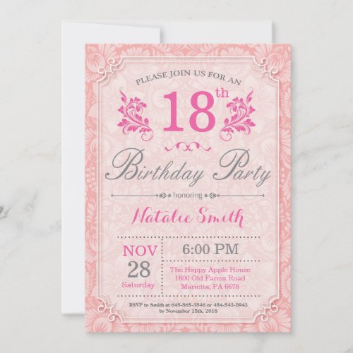 Floral 18th Birthday Invitation Pink for Women