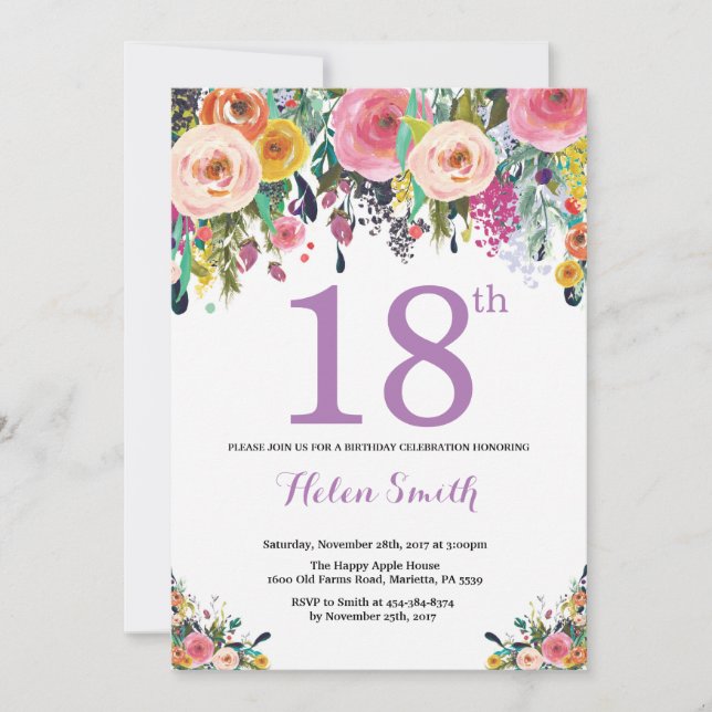 Floral 18th Birthday Invitation Purple (Front)