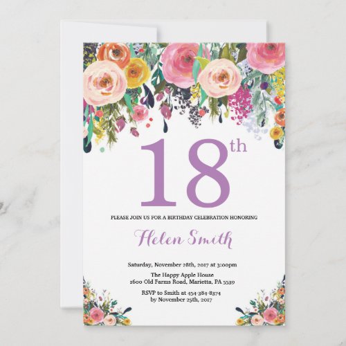 Floral 18th Birthday Invitation Purple