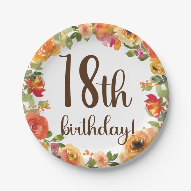 Floral 18th Birthday Paper Plate (Front)
