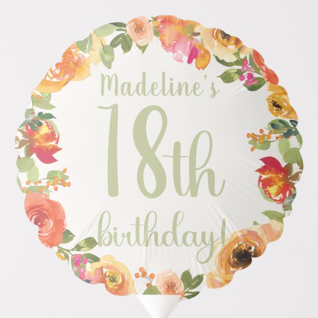 Floral 18th Birthday Personalized Balloon (Front)