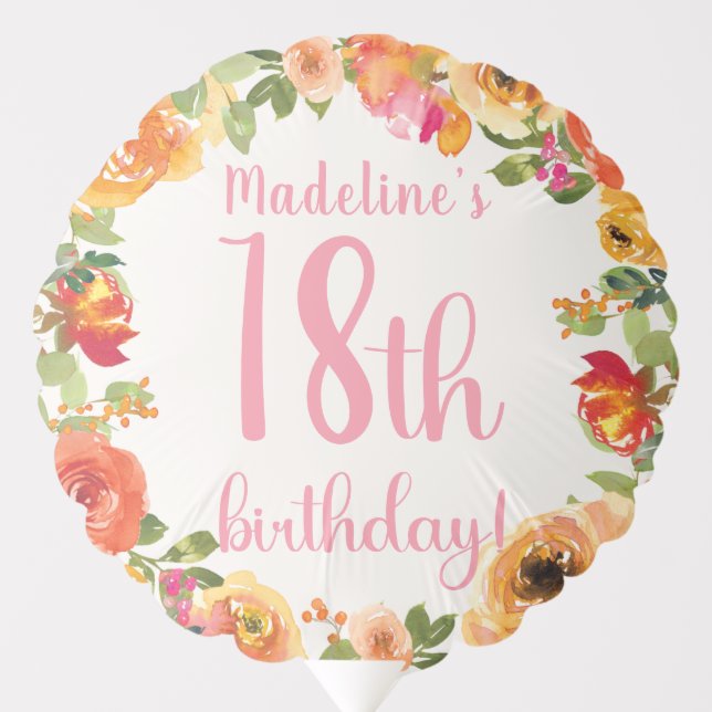Floral 18th Birthday Personalized Balloon (Front)