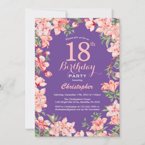Floral 18th Birthday Pink Flowers Purple Violet Invitation