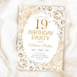 Floral 19th Birthday Cream Gold Invitation