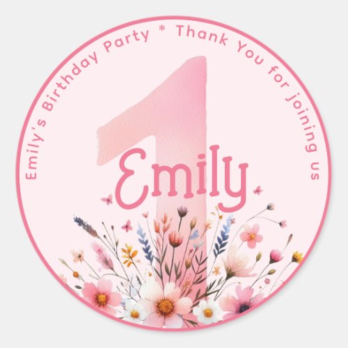 Floral 1 1st Birthday Thank You Favor ONE Custom Classic Round Sticker