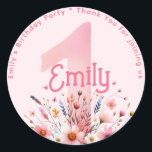 Floral 1 1st Birthday Thank You Favor ONE Custom Classic Round Sticker<br><div class="desc">Pretty Fairy Princess Partyware.</div>