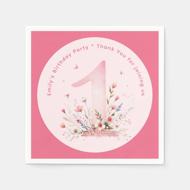 Floral 1st Birthday Custom One Fairy Princess Napkins (Front)