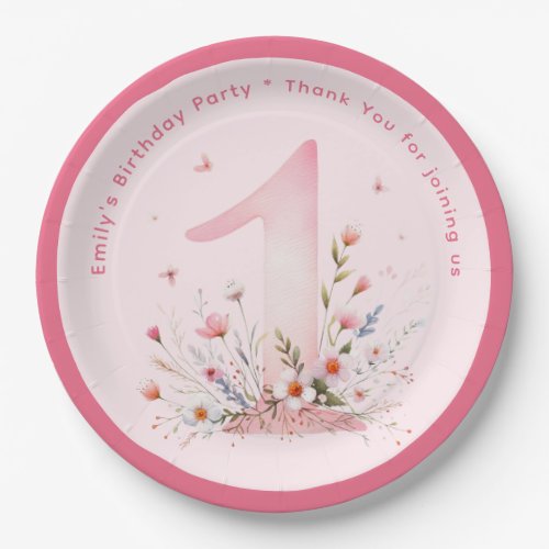 Floral 1st Birthday Custom One Fairy Princess Paper Plates
