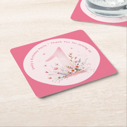 Floral 1st Birthday Custom One Fairy Princess Square Paper Coaster