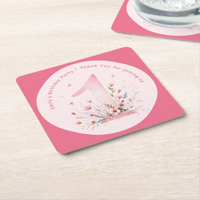 Floral 1st Birthday Custom One Fairy Princess Square Paper Coaster (Angled)