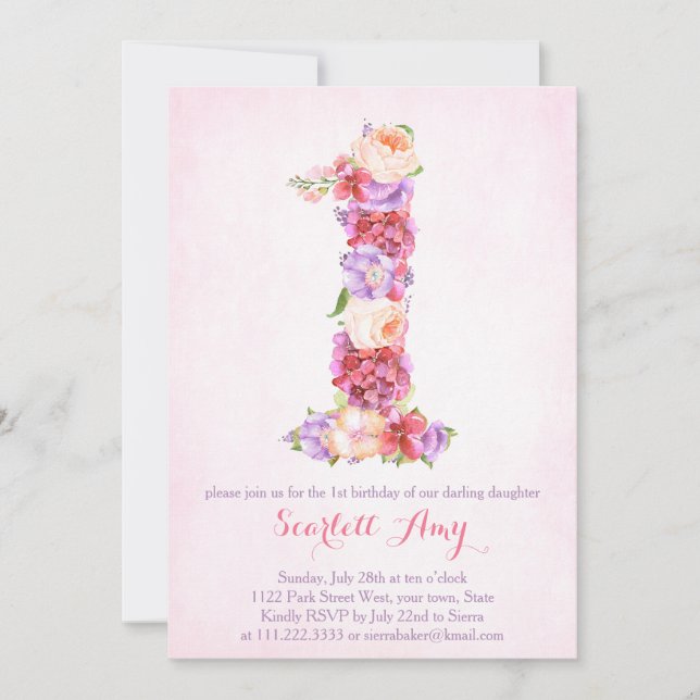 floral 1st birthday invitation cards with Number 1 (Front)