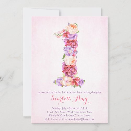 floral 1st birthday invitation cards with Number 1