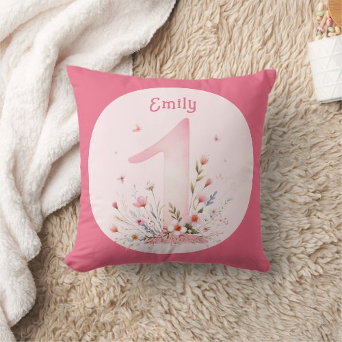 Floral 1st Birthday PHOTO Gift Daughter Girls Throw Pillow