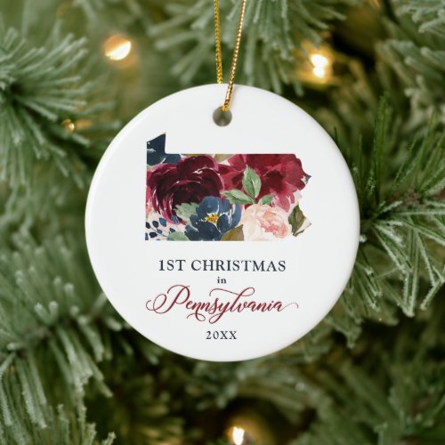Floral 1st Christmas In Pennsylvania Personalized Ceramic Ornament