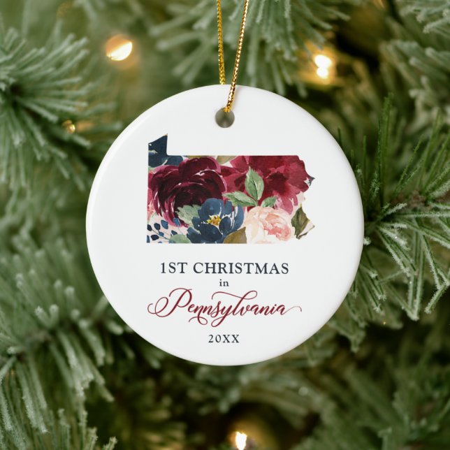 Floral 1st Christmas In Pennsylvania Personalized Ceramic Ornament (Tree)